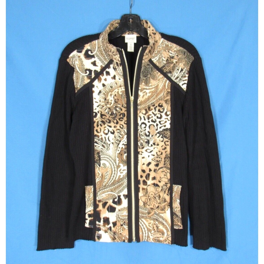 ZENERGY CHICO'S Black/Tan PAISLEY Ribbed Knit FULL-ZIP Cardigan Sweater 1 (US M)